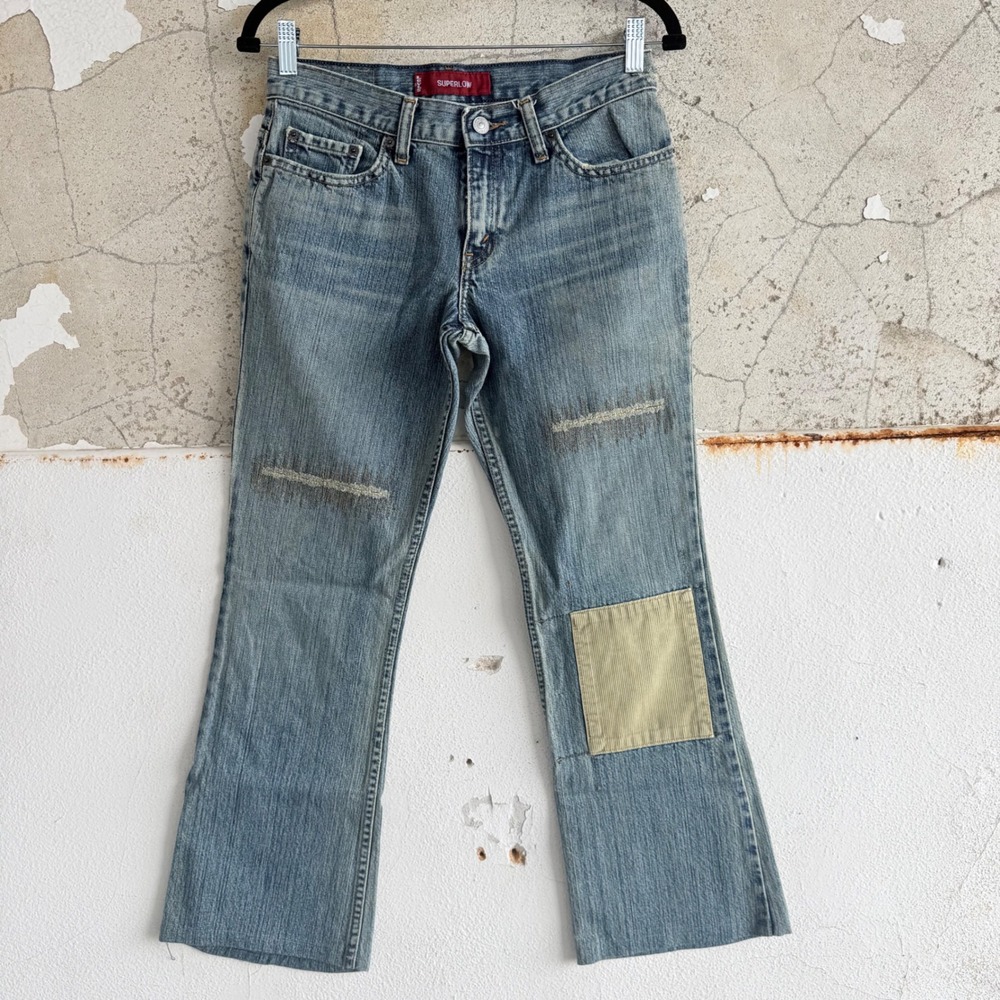 Vtg Y2K Levis 518 Superlow Bootcut Jeans Patchwork Distressed Low Rise Denim‎ 29